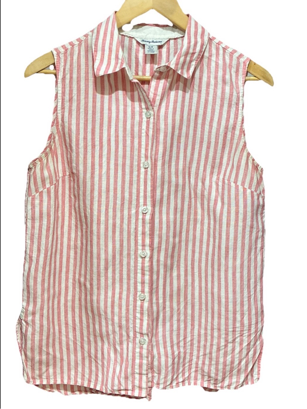 Tommy Bahama Linen Striped Sleeveless Button Shirt women's Sz S Coastal Preppy